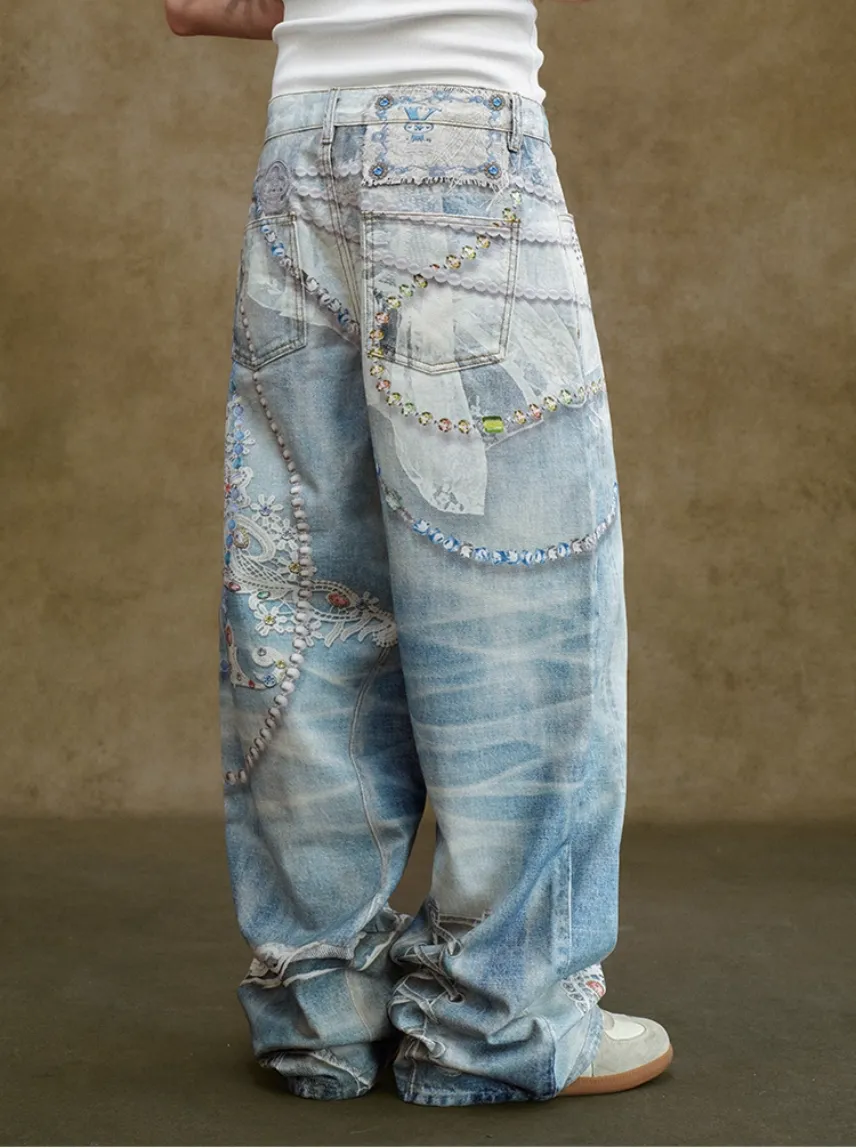 Embellished Deconstructed Denim Jeans