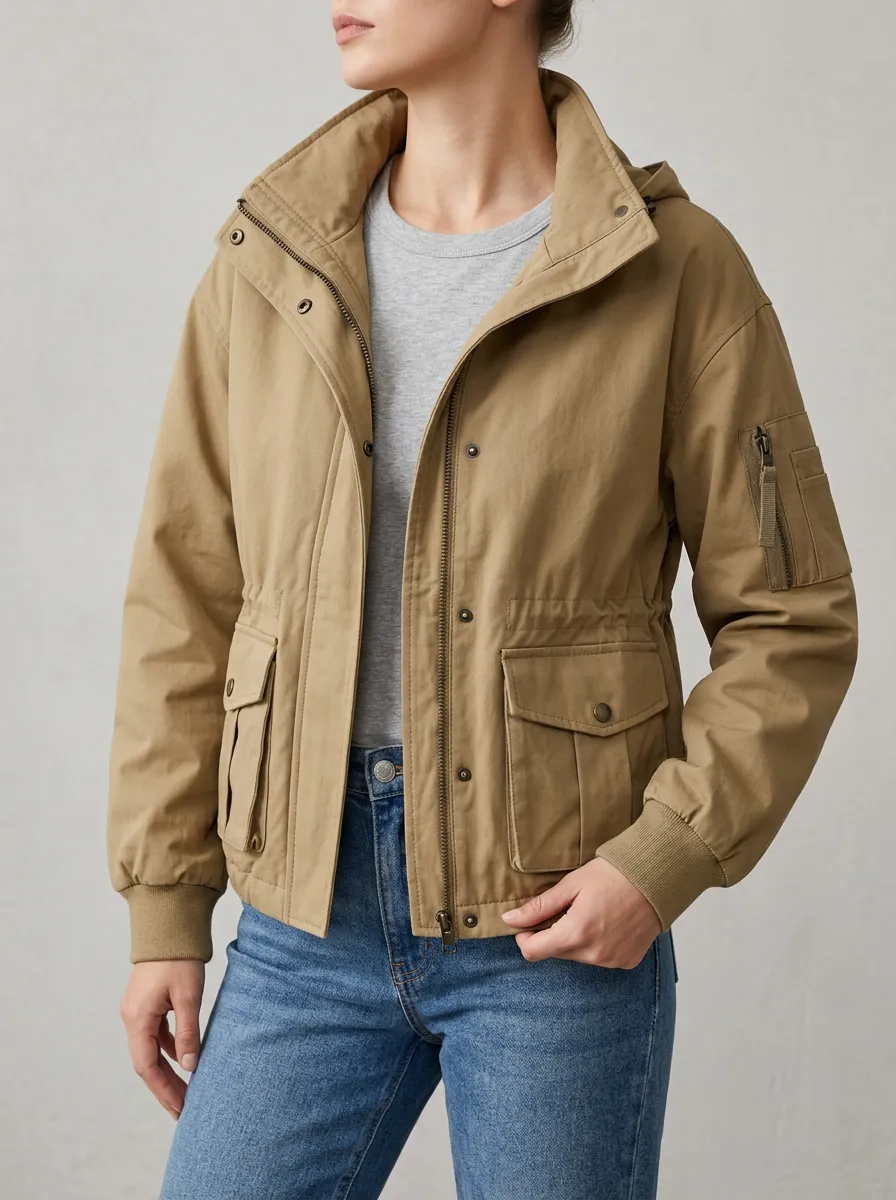Hooded Utility Zip-Front Women's Casual Jacket