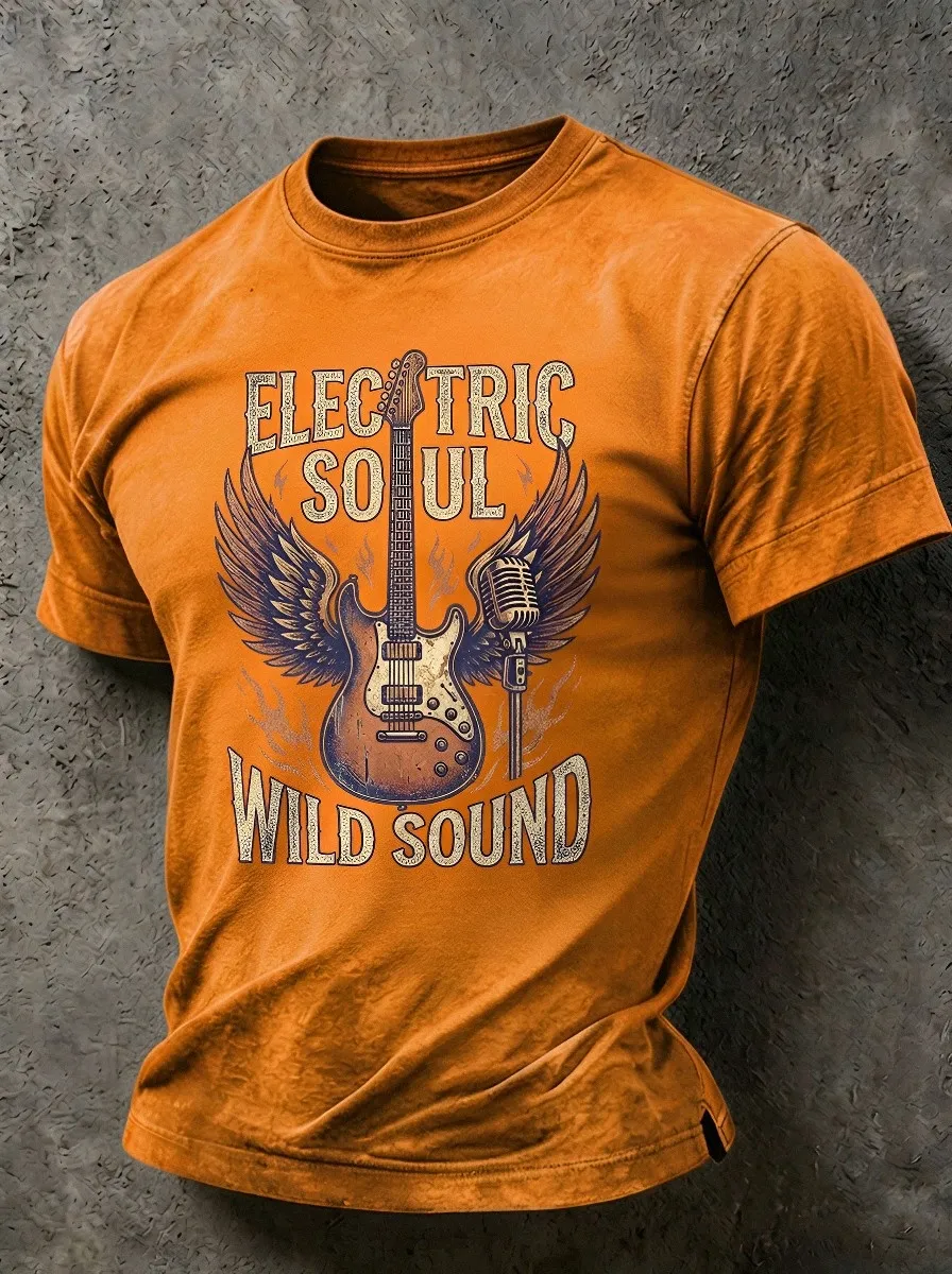 Unisex Rock Music Lover Winged Guitar Microphone Printed T-shirt