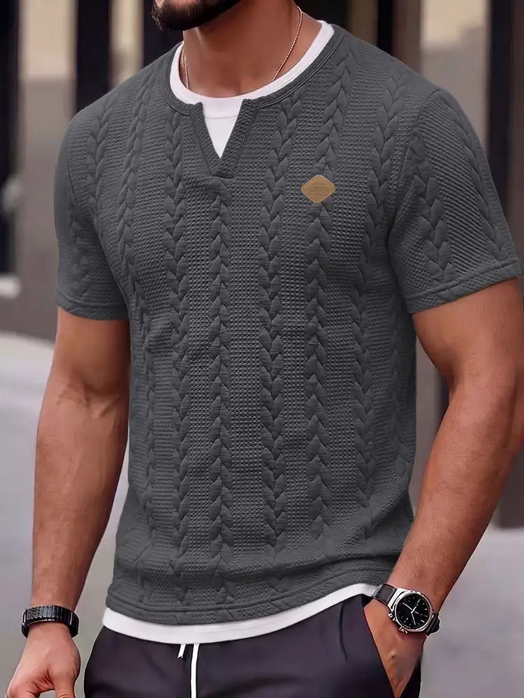 Cable Knit Faux Two-Piece Short Sleeve T-Shirt Two Set
