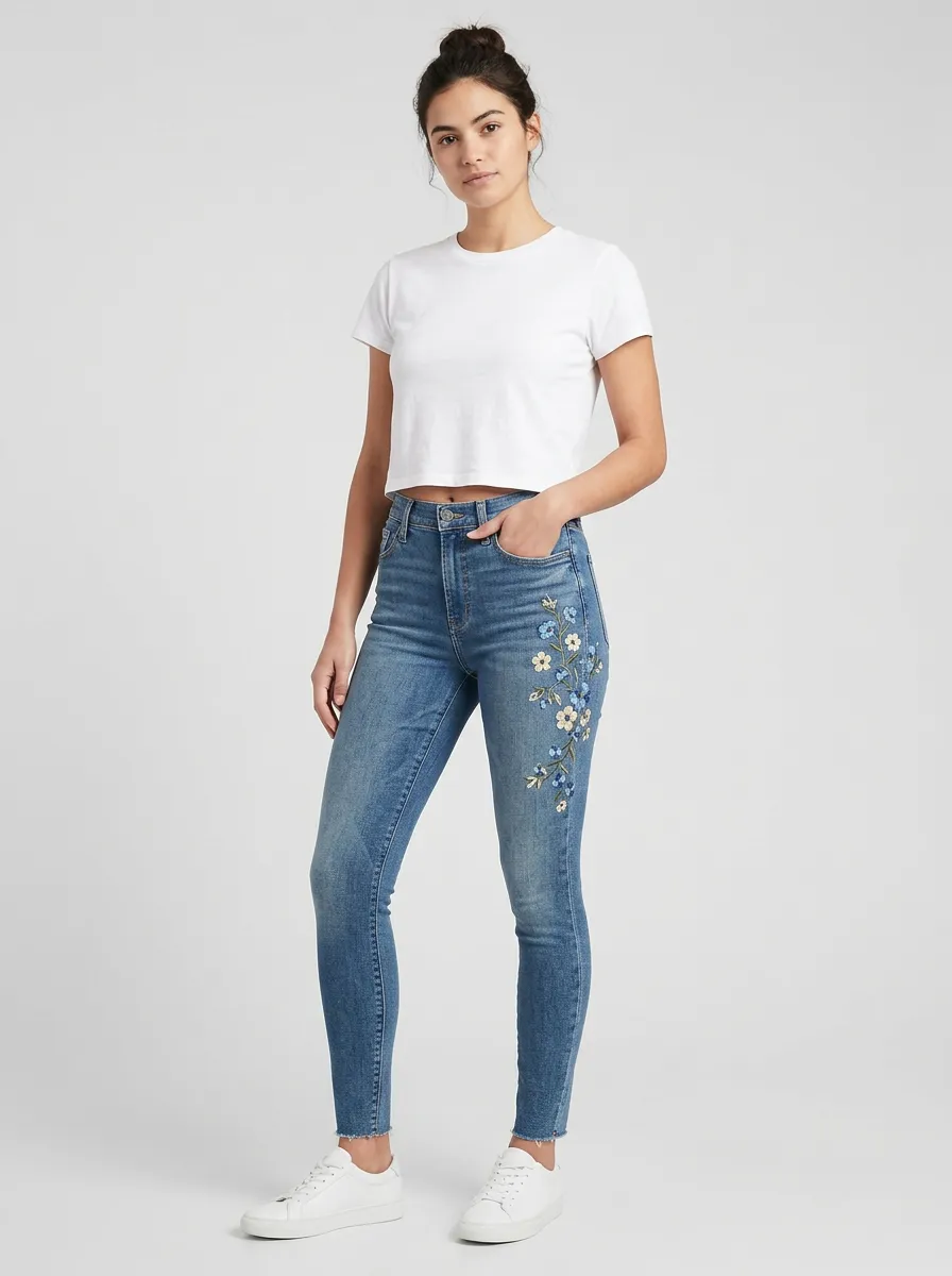 Women's Floral Blue Flower Embroidered Slim Jeans