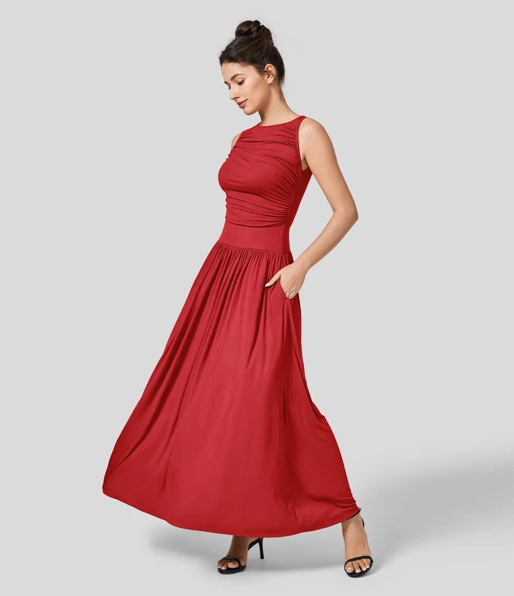 Ribbed Boat Neck Ruched Side Pocket Flowy Maxi Casual Dress