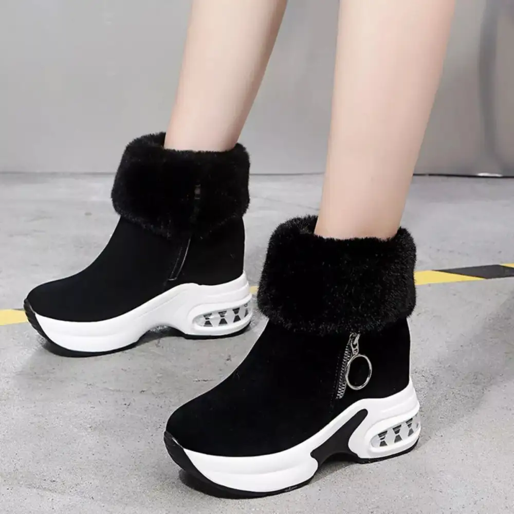 Fuzzy Side-Zip Platform Ankle Boots