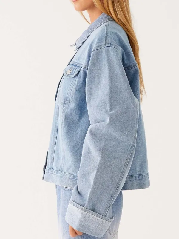 Button-Down Cropped Oversized Denim Jacket