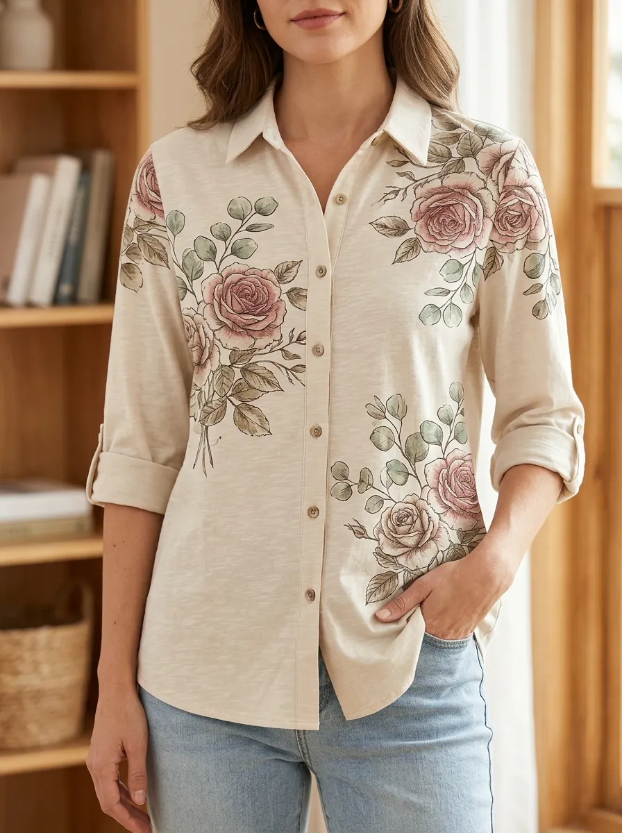 Women's Floral Lover Vintage Rose Eucalyptus Printed Shirt