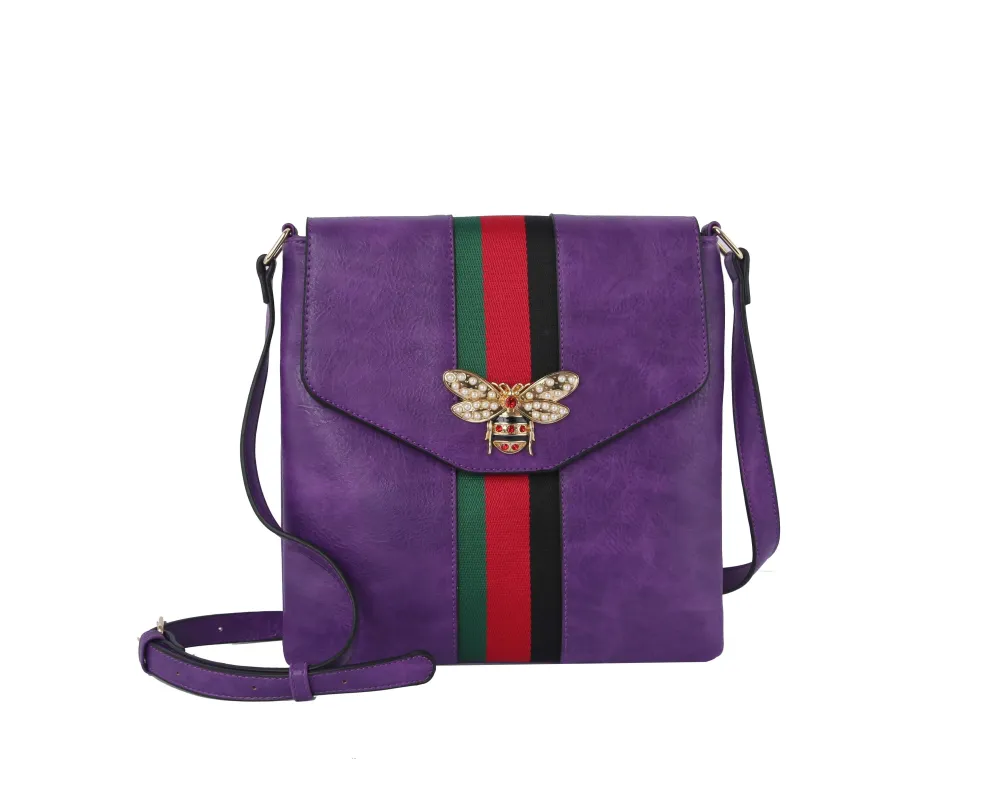 Crystal Accent Flap Front Pocketed Faux Leather Crossbody Sling Bag