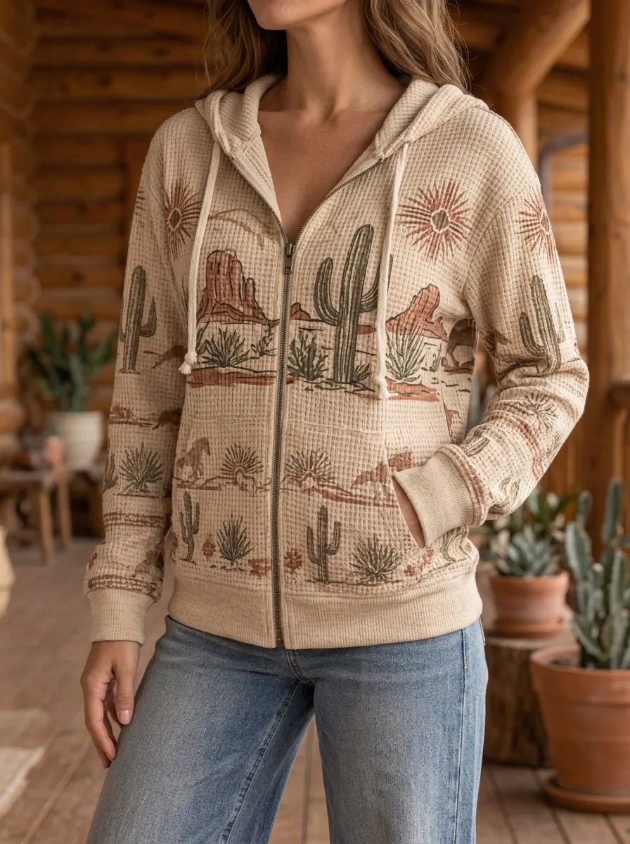 Women's Western Desert Cactus Signature Motif Waffle Zip-Up Hoodie