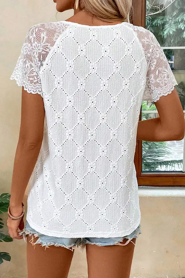 V Neck Lace Patchwork Casual Tops
