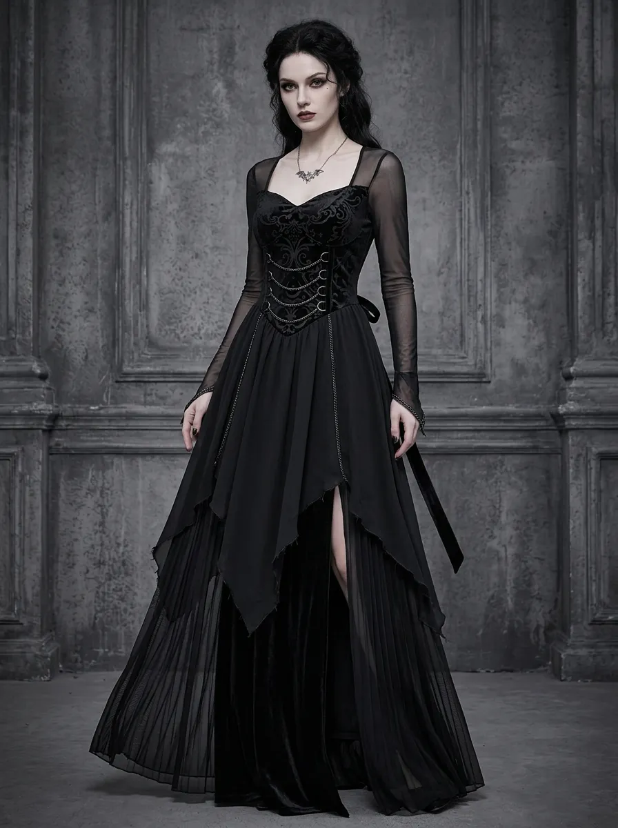 Dark Romantic Victorian Corset Mesh Night Look Women's Gothic Dress