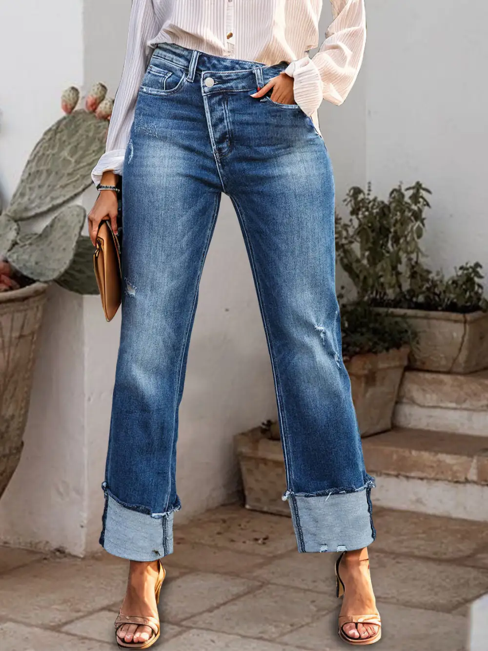Raw-Hem Washed Stretch Straight Leg Jeans