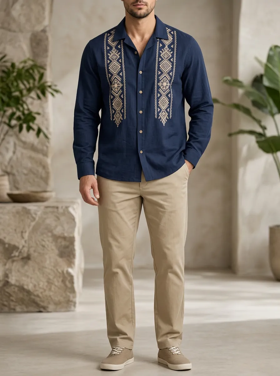 Men's Refined Geometric Boho Printed Long Sleeve Shirt