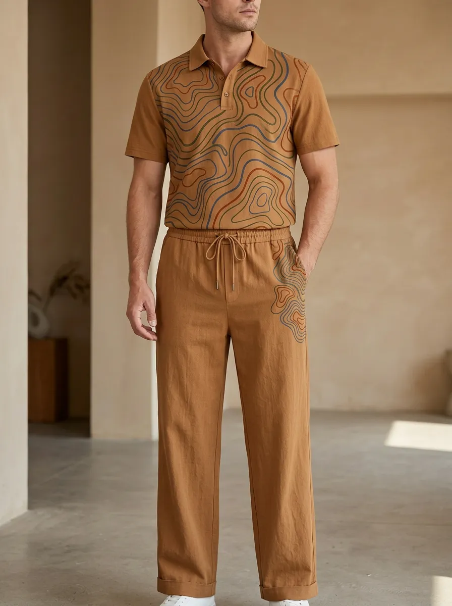 Men's Abstract Topographic Pattern Printed Casual Set