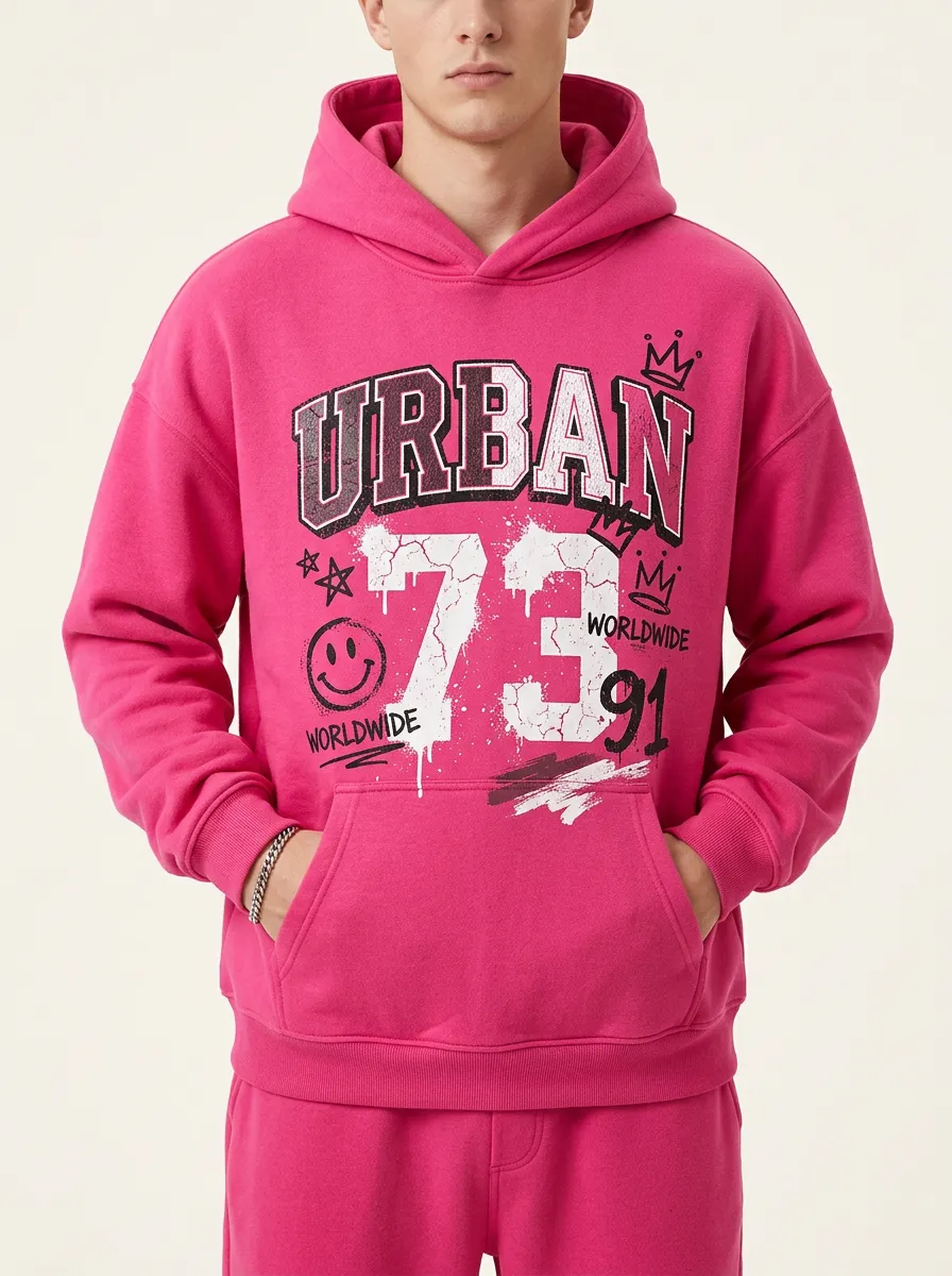 Men's Urban Streetwear 73 Smiley Crown Printed Hoodie