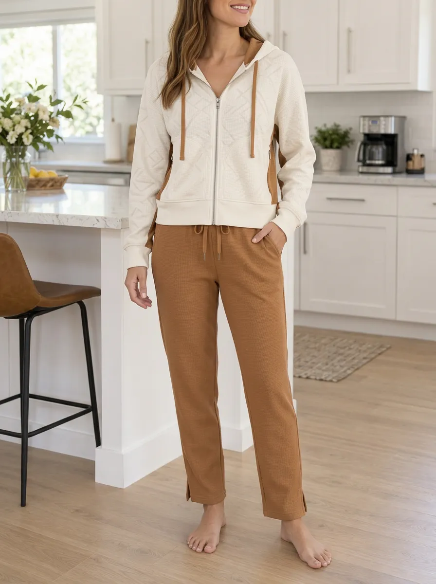Women's Waffle Texture Ribbed Colorblock Zip Hoodie Jogger Set