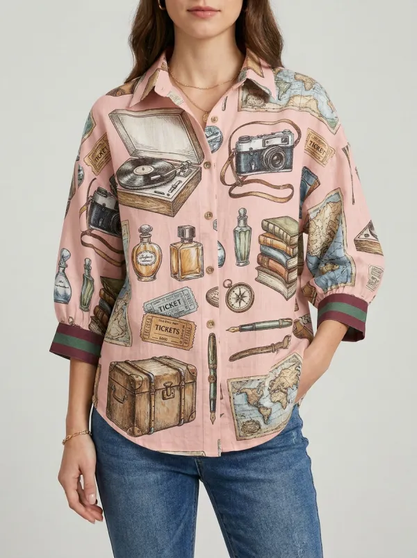 Women's Vintage Travel Map Camera Graphic Shirt