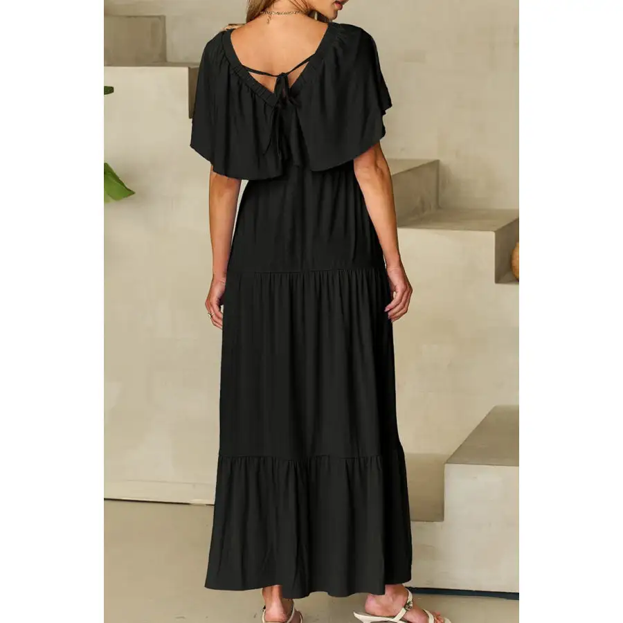 Ruffled V Neck Flutter Sleeve Maxi Dress