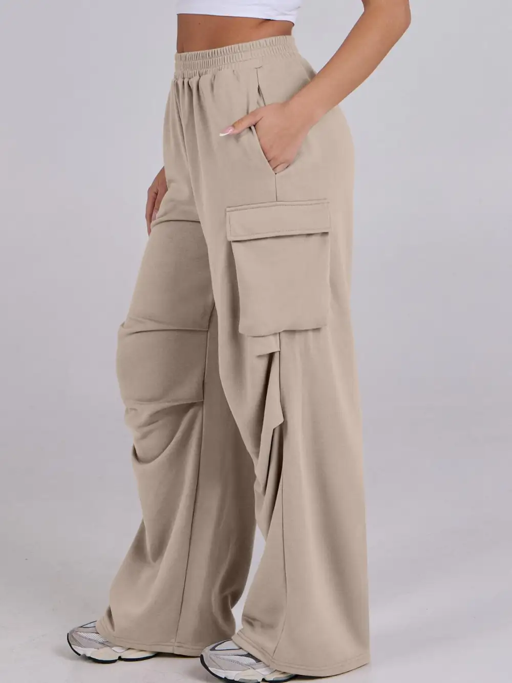 Elastic Waist Wide Leg Pants With Pocket