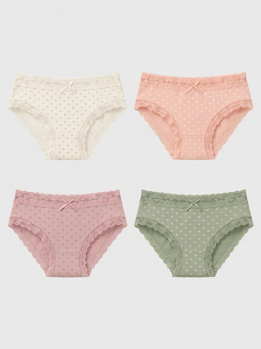 Women's Multicolor Heart Patterned Lace-Trim Muted Tone Briefs 4-Pack