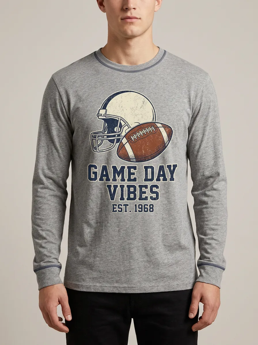 Men's Football Lover Game Day Vibes Helmet Graphic Long Sleeve T-shirt