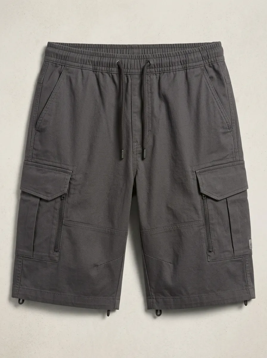 Workwear-Inspired Multi-Pocket Drawstring Cargo Shorts