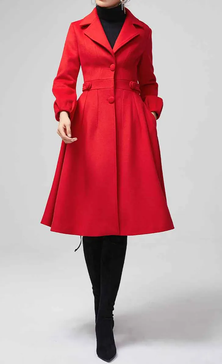 Wool Blend Fit and Flare Lapel Collar Lantern Sleeve Pocketed Coat