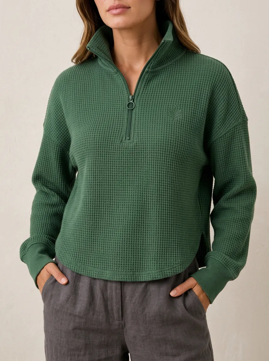 Modern Weekend Leaf Embroidered Waffle Knit Quarter Zip Top