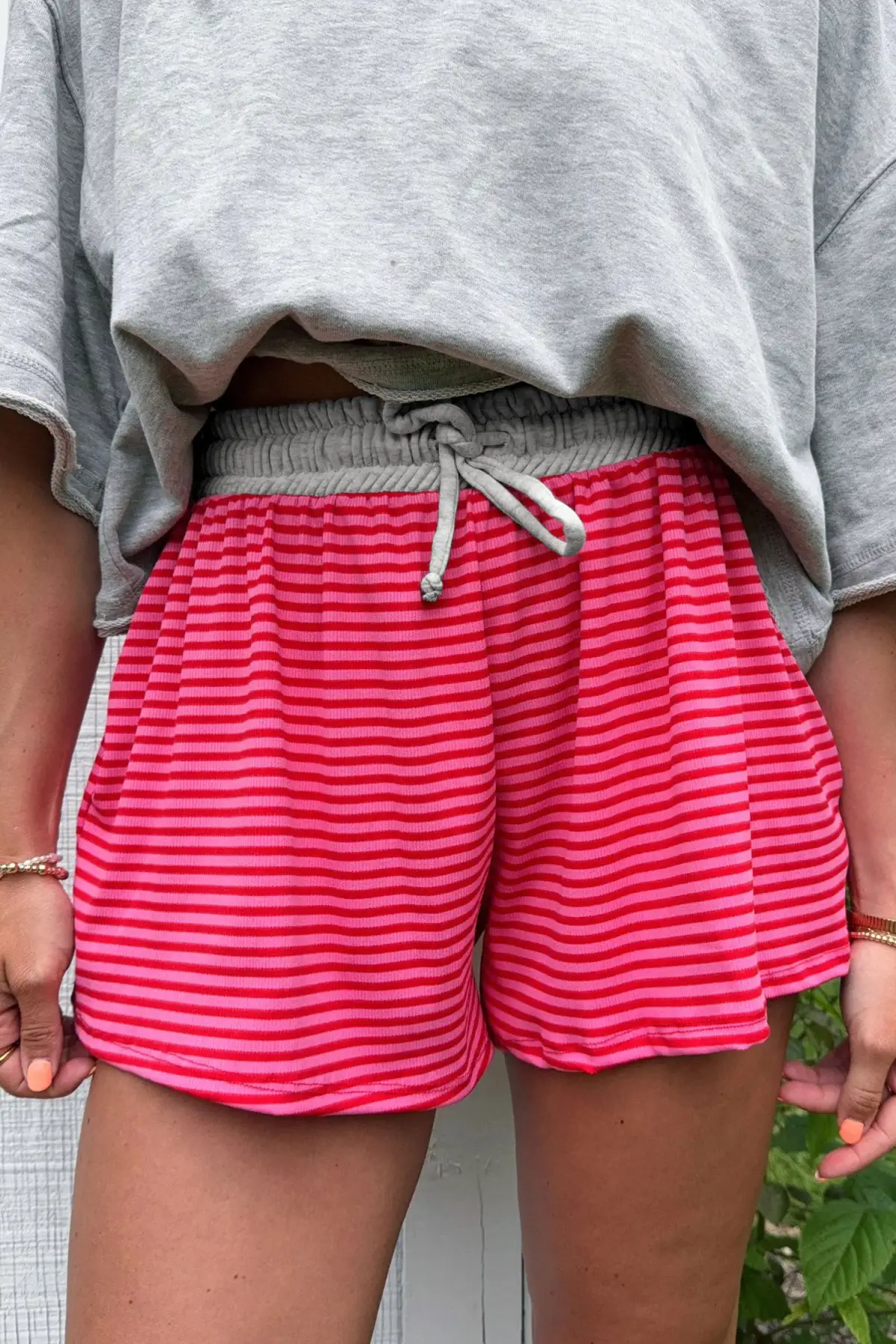 Contrast Elastic Waist Casual Ribbed Shorts
