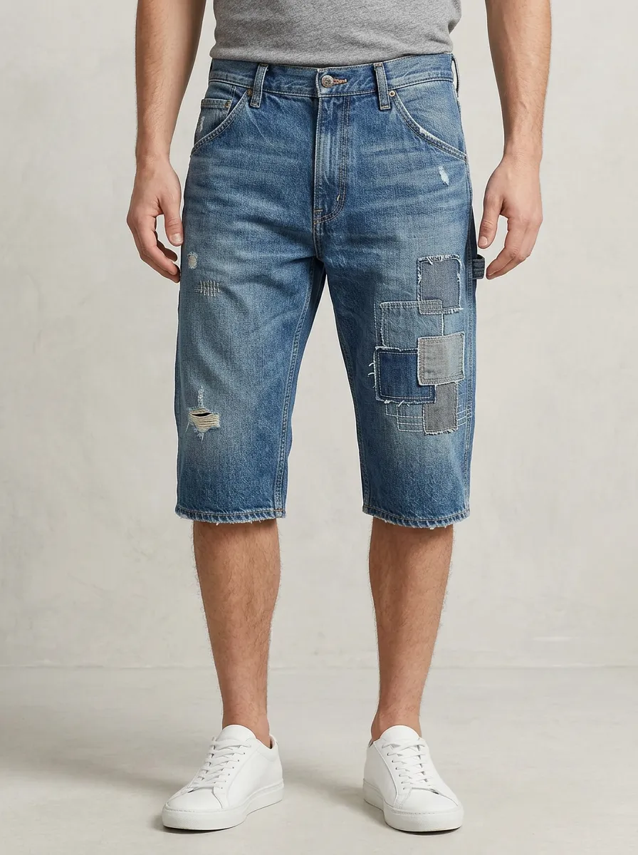 Men's Patchwork Distressed Raw Hem Denim Shorts