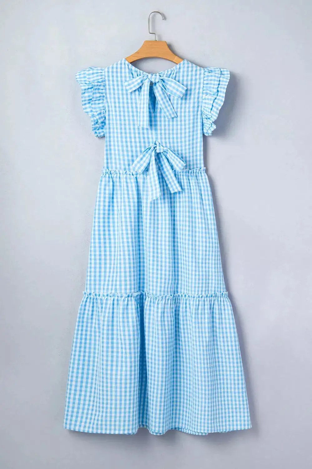Knot Back Ruffled Short Sleeve Gingham Maxi Dress
