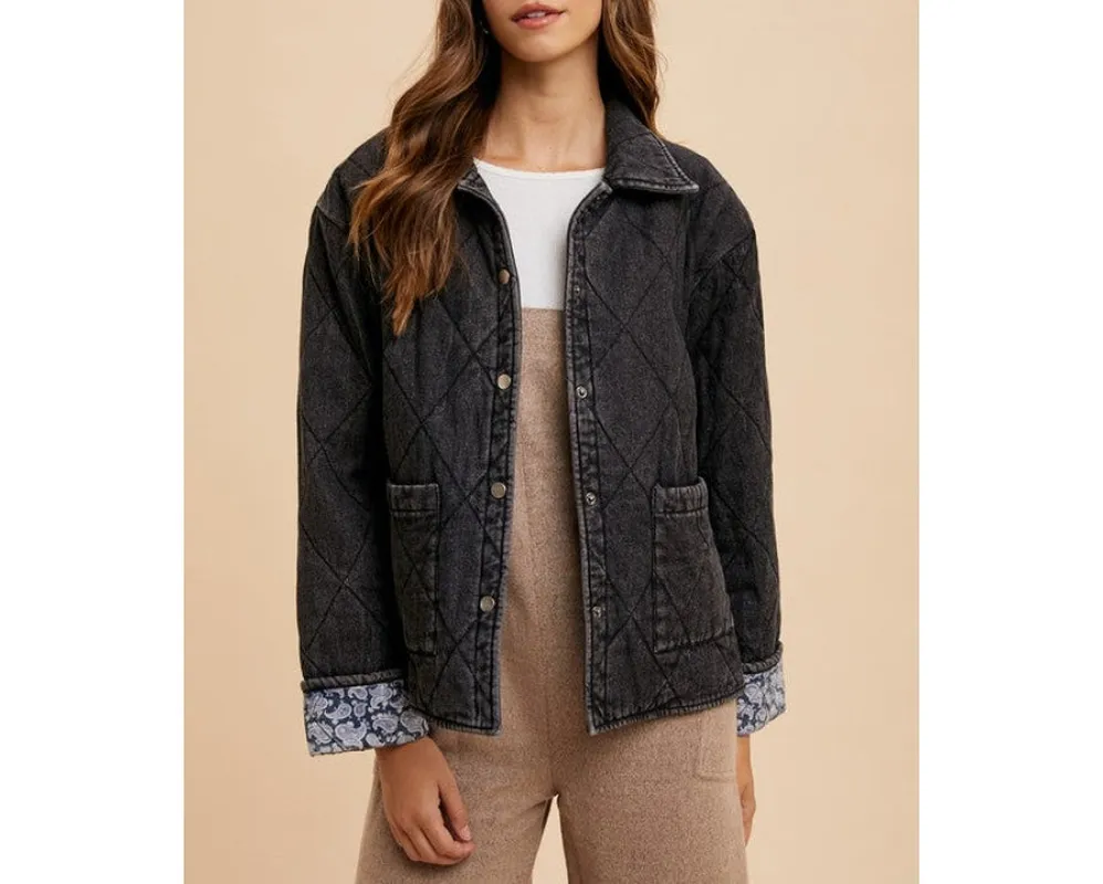 Quilted Printed Lining Snap-Down Denim Jacket