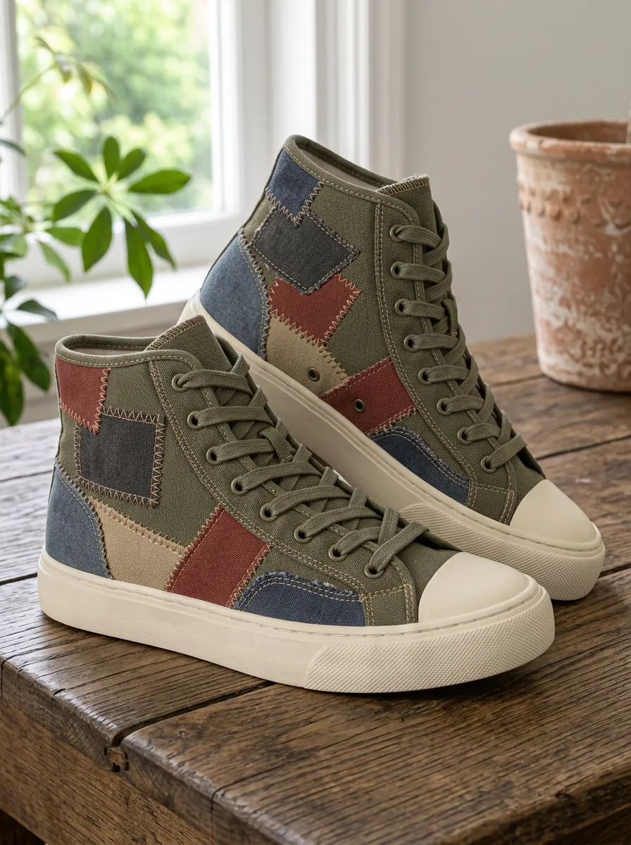 Men's Vintage Patchwork Olive Green Printed Canvas High Top Shoes