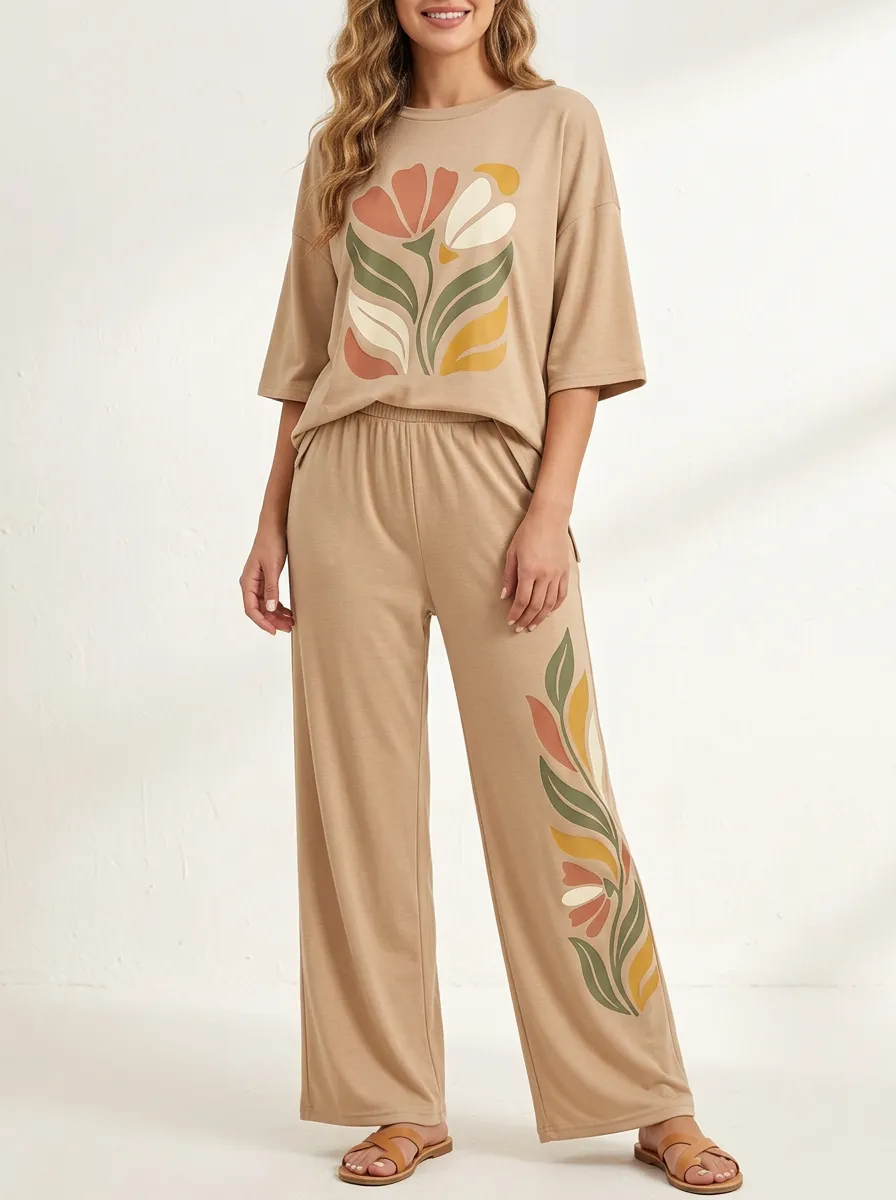 Women's Floral Graphic Drop-Shoulder Top And Wide-Leg Trouser Lounge Set