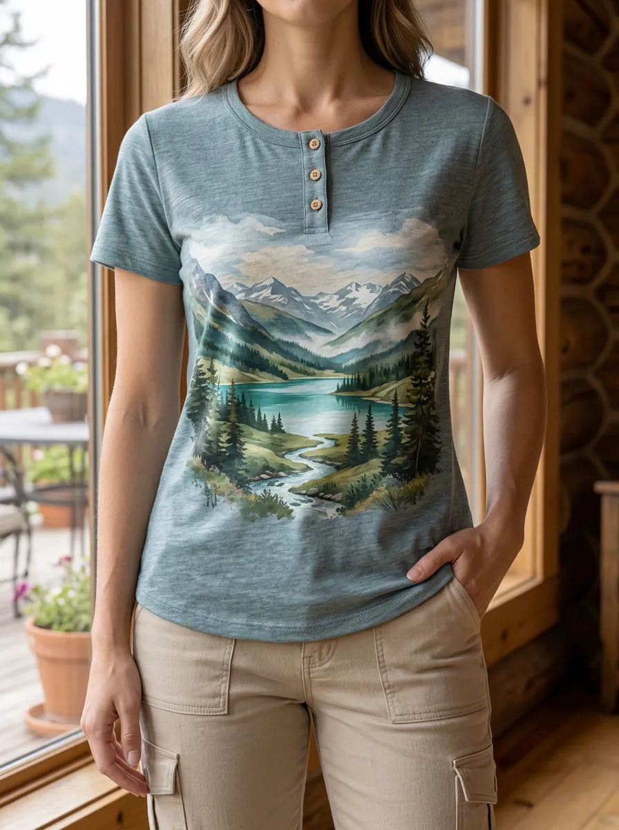 Women's Modern Nature Lover Mountain Lake Landscape Henley T-Shirt