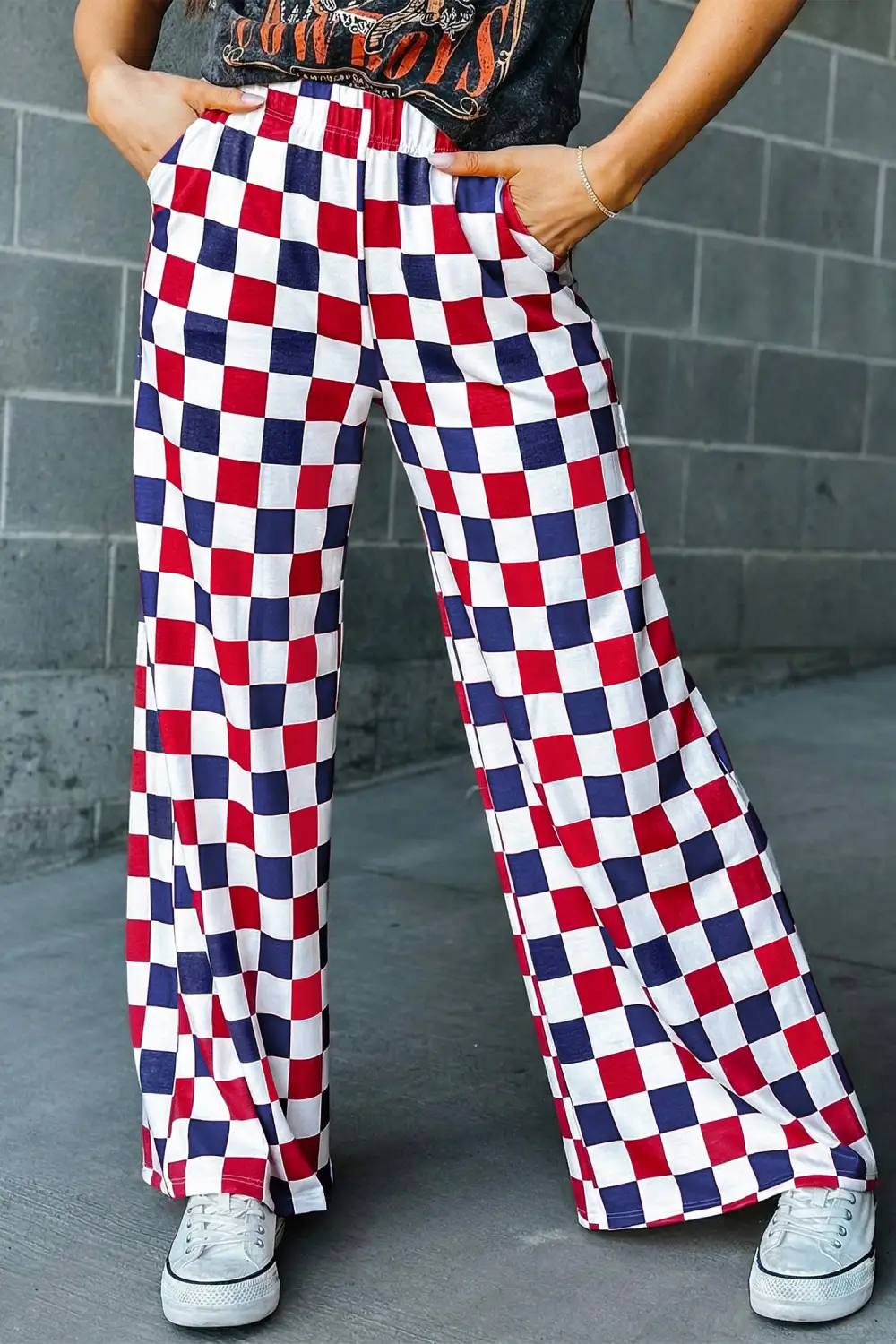 Tone Checked Print High Waist Wide Leg Trousers
