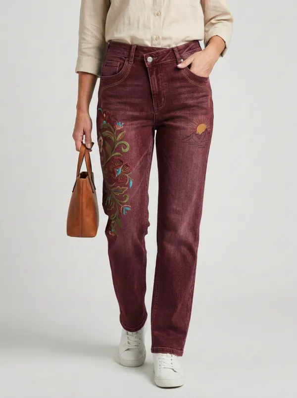 Women's Floral Mountain Landscape Embroidered Printed Straight Leg Jeans