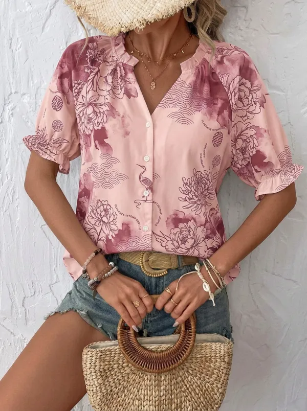 Women's Oriental Floral Crane Pattern Printed V-Neck Blouse