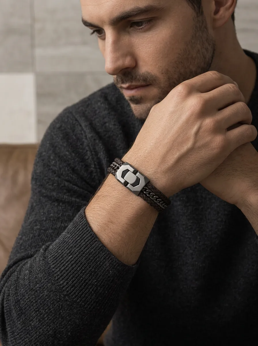 Men's Heritage Braided Leather Stainless Steel Chain Bracelet