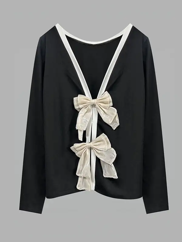 Long Sleeve Relaxed Bowknot Cutout Split Back Panel Detail Round Neck T-Shirt
