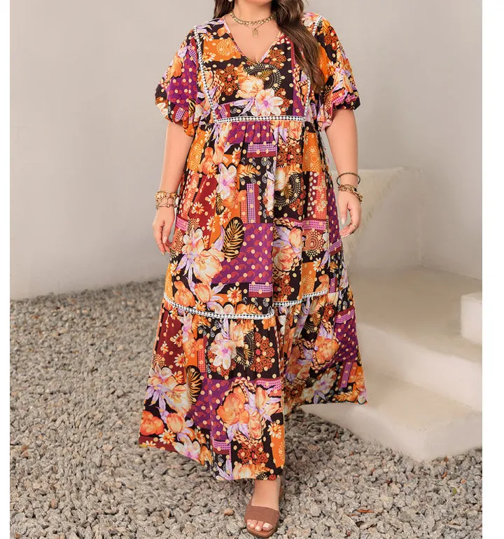 Classic Plus Size Printed V Neck Half Sleeve Maxi Dress
