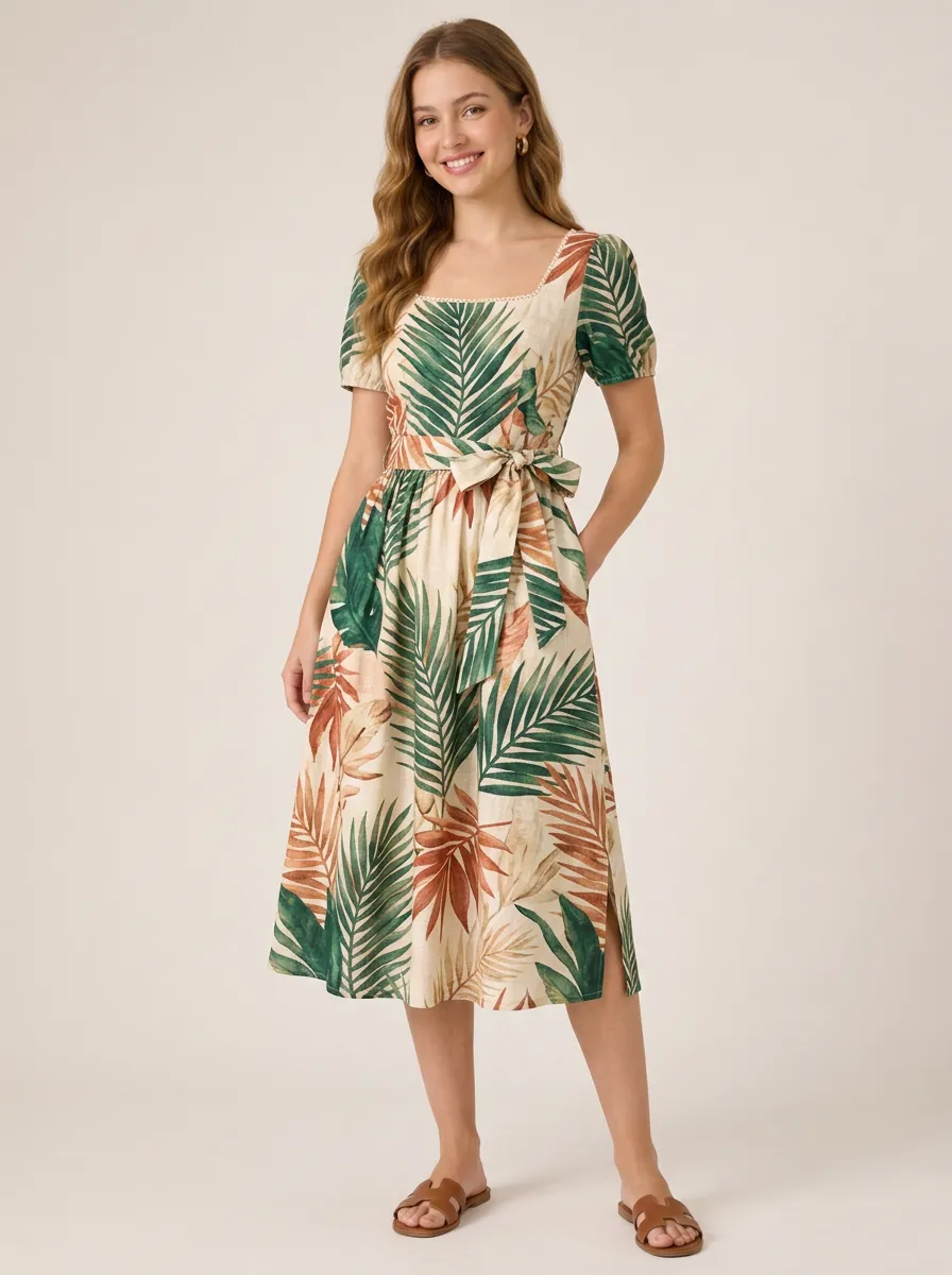 Women's Tropical Vacation Palm Leaf Printed Midi Dress