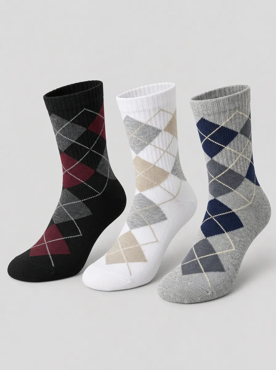 Men's Multicolor Argyle Pattern Geometric Ribbed Crew Socks 3-Pack