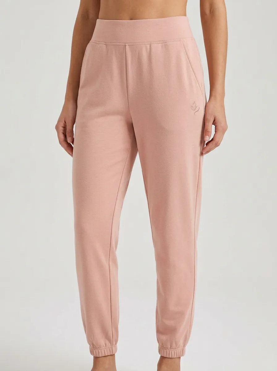 Women's Casual Minimalist Beige Leaf Logo Embroidered Joggers