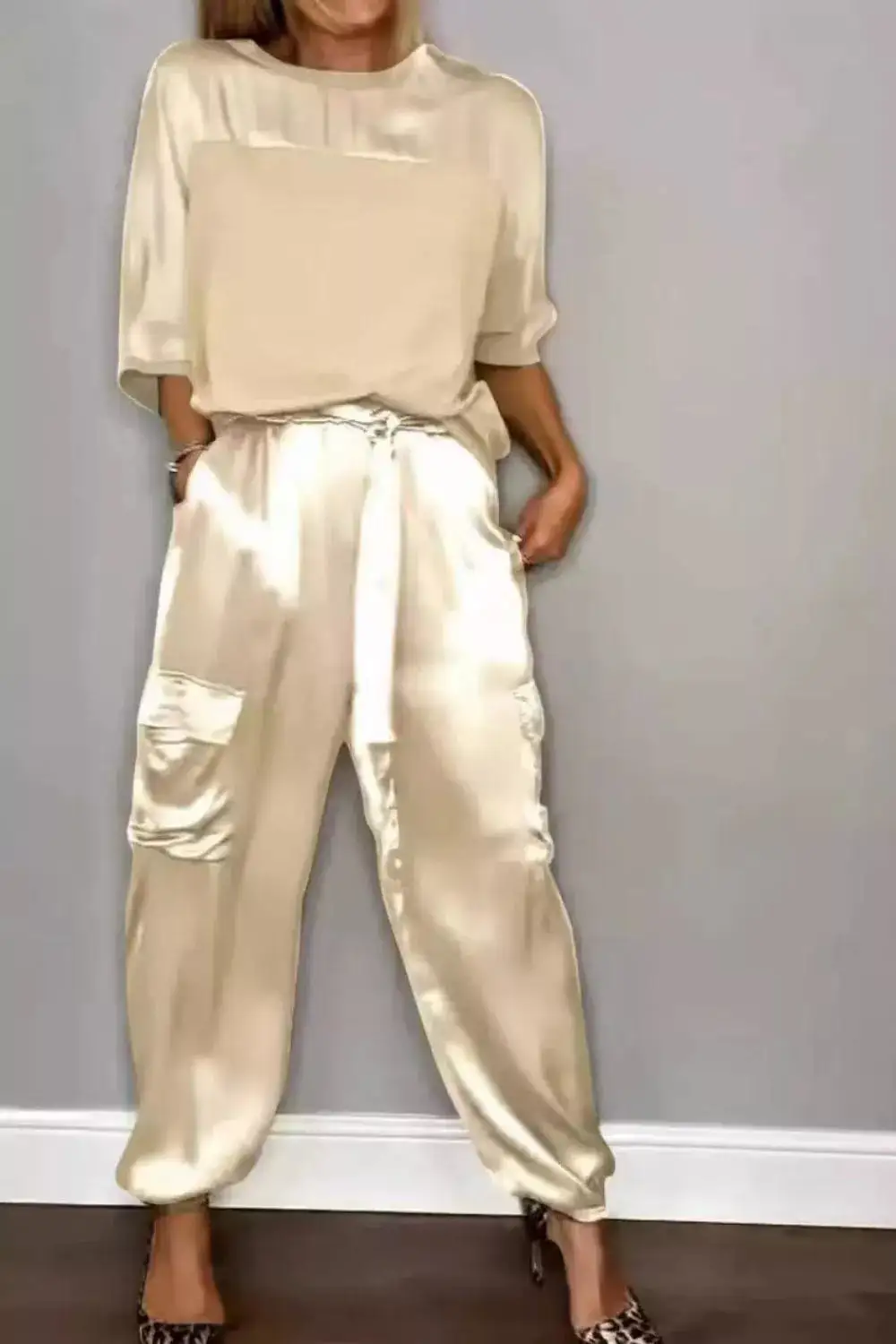 Satin Round Neck Top and Pants Set