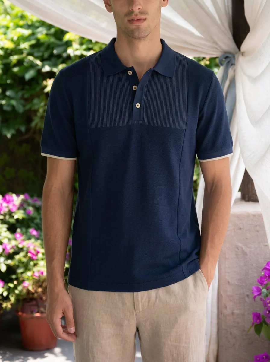 Men's Navy Blue Ribbed Panel Textured Polo Shirt