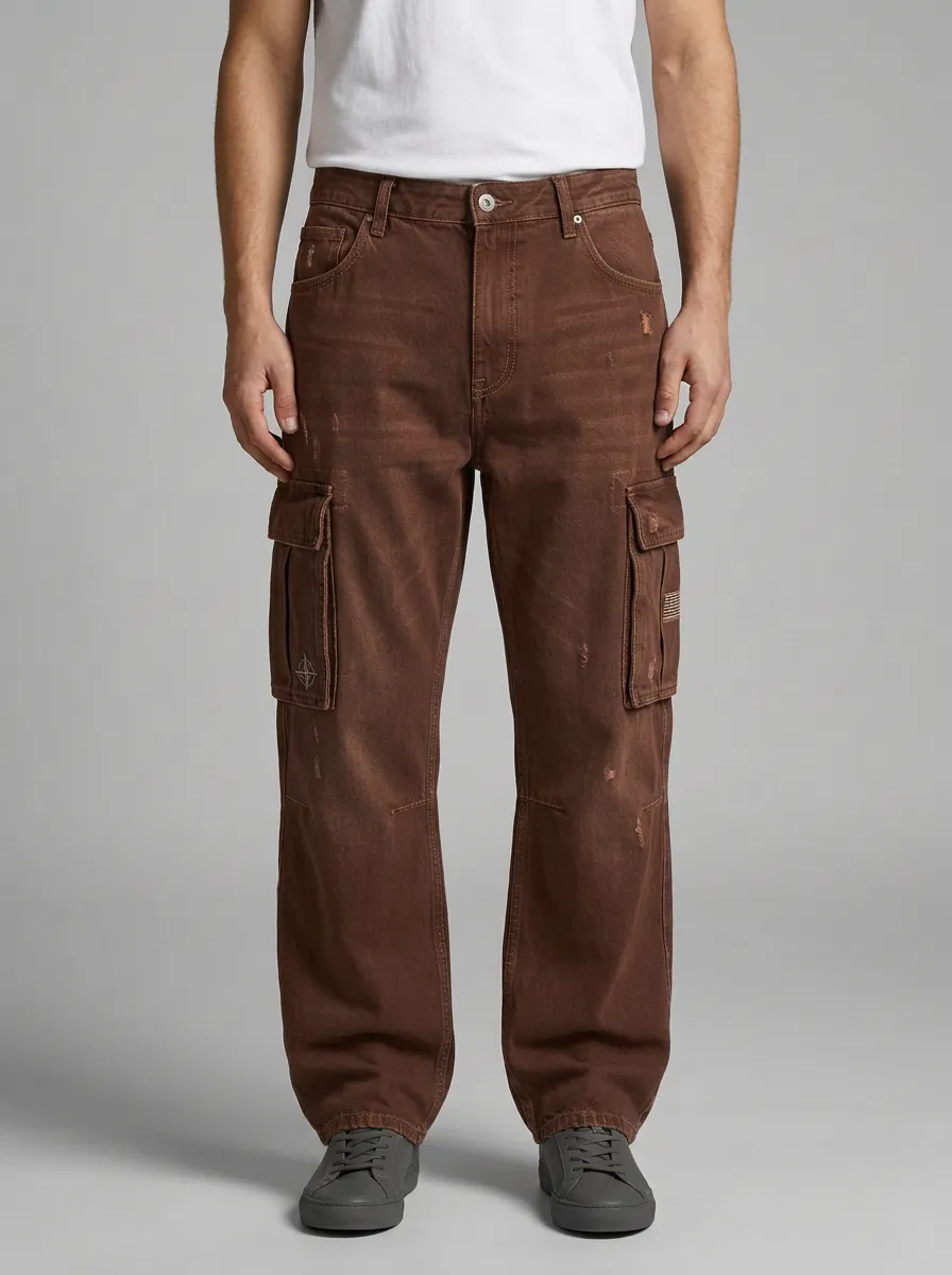 Men's Distressed Blue Denim Multi-Pocket Cargo Jeans