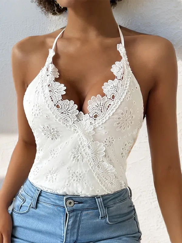 Lace Stitching Sling Slim Halter Bodysuit Jumpsuit