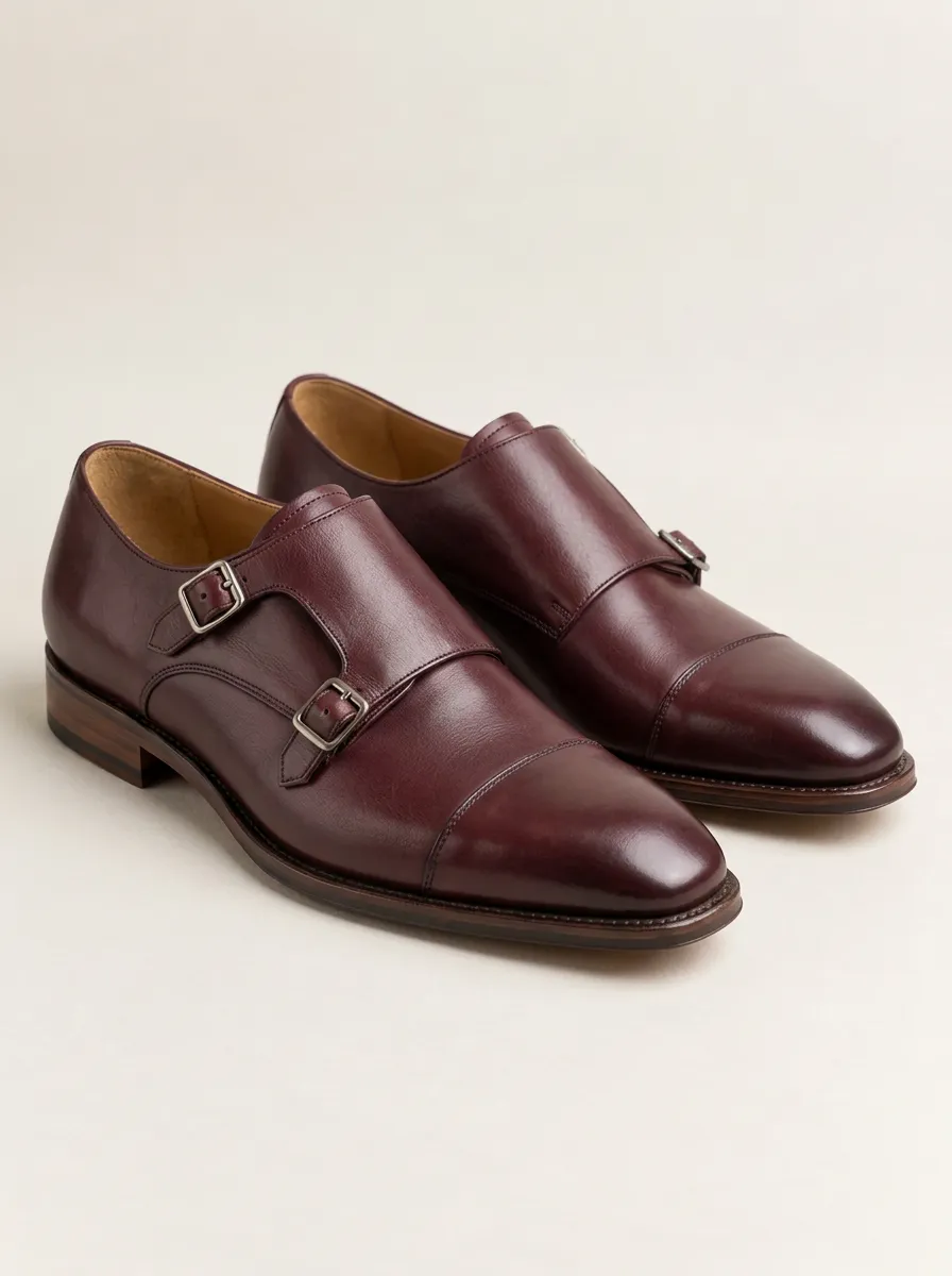 Men's Monk Strap Dress Shoes with Burgundy Leather Details