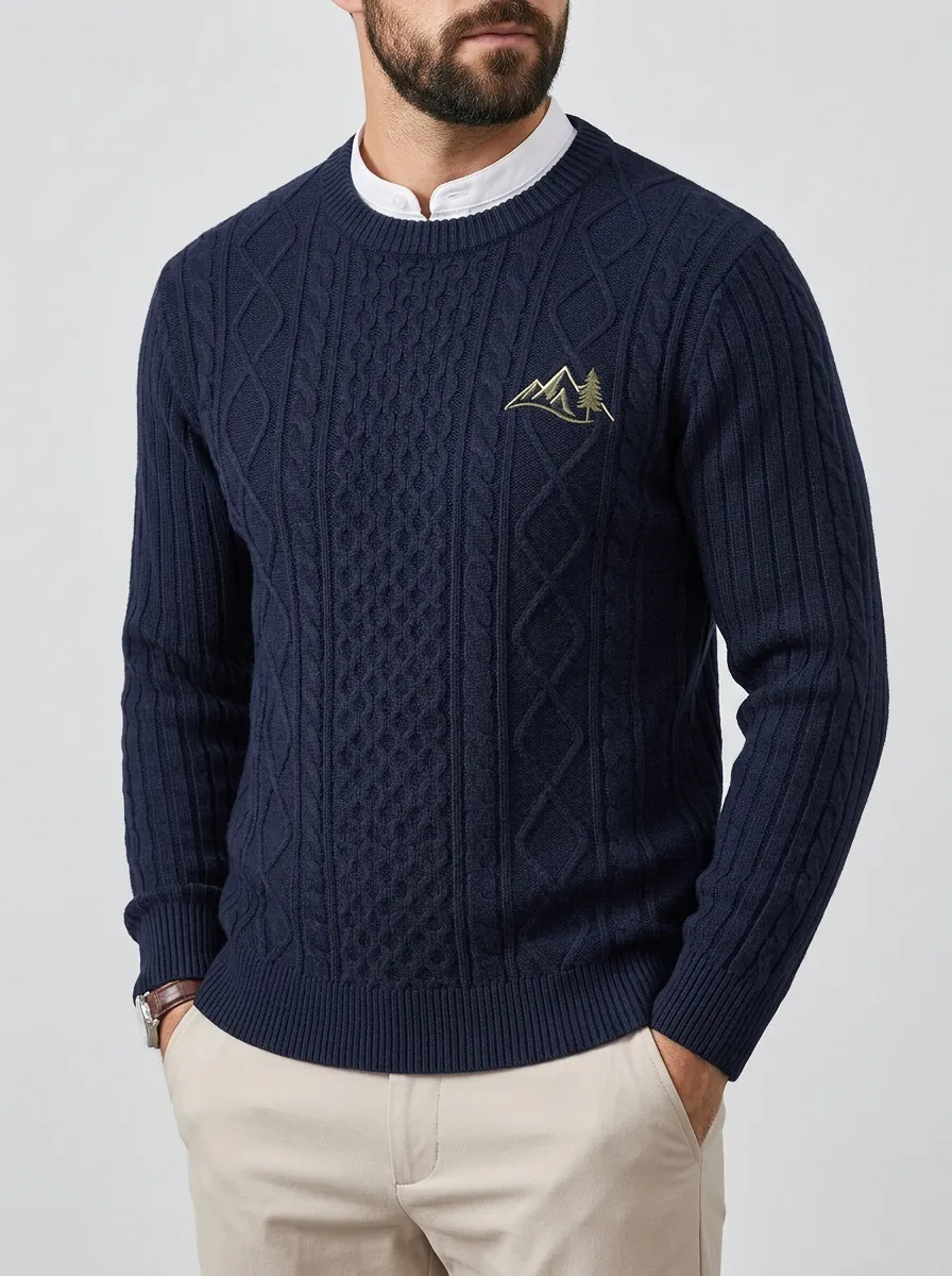 Men's Navy Nature Mountain Pine Tree Embroidered Knit Sweater
