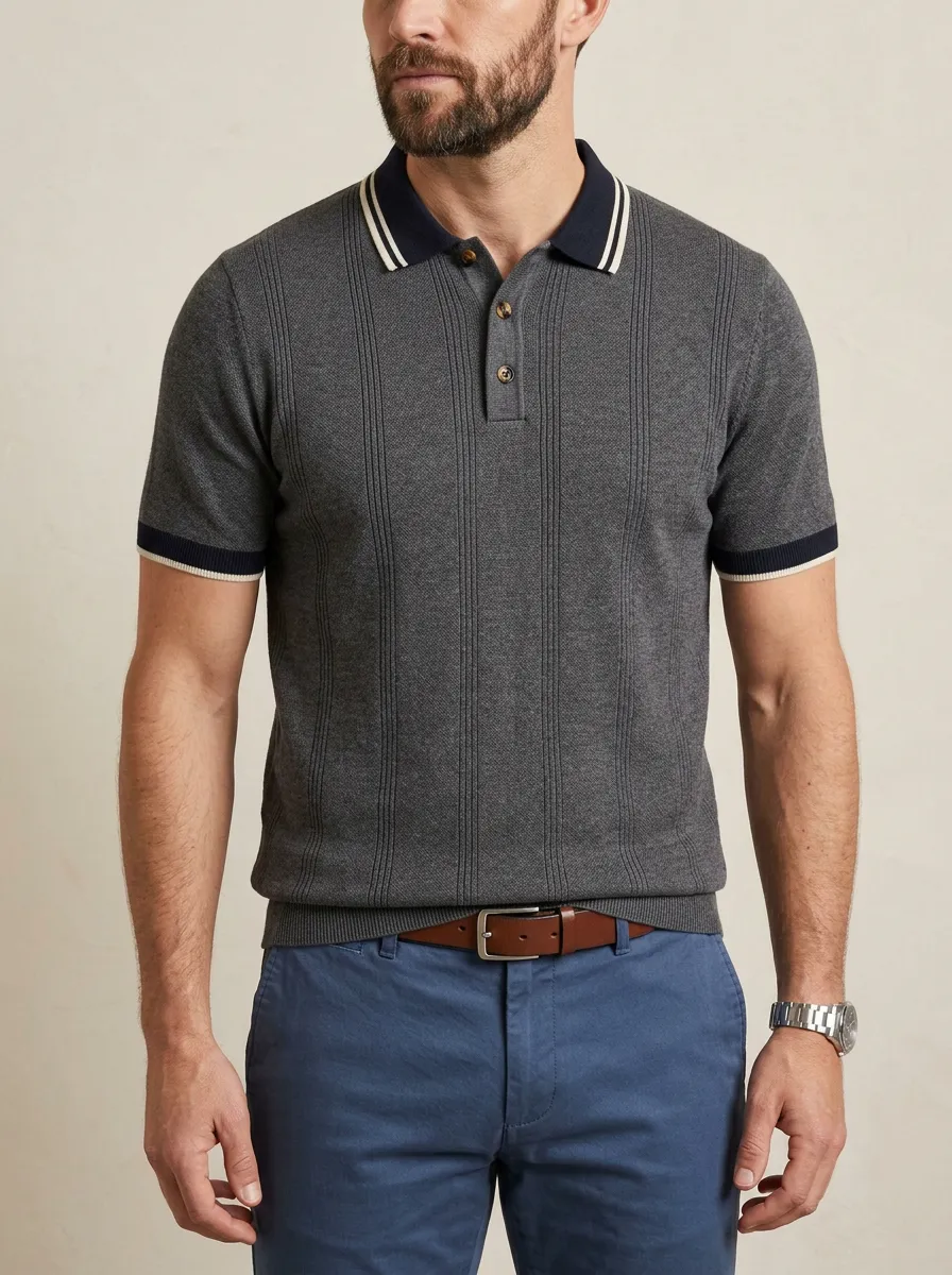Men's Classic Smart Casual Vertical Stripe Knit Polo Shirt