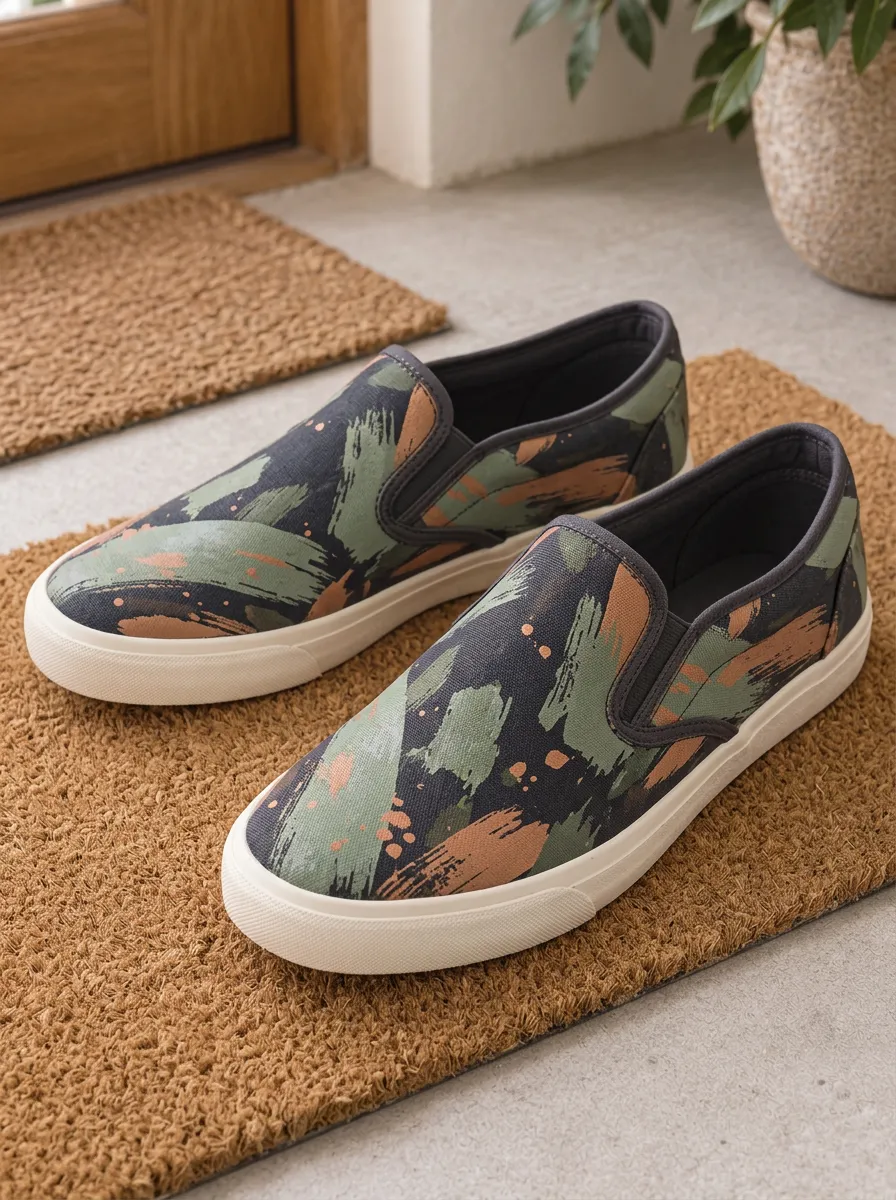 Men's Camo Brushstroke Pattern Printed Canvas Slip-on Shoes